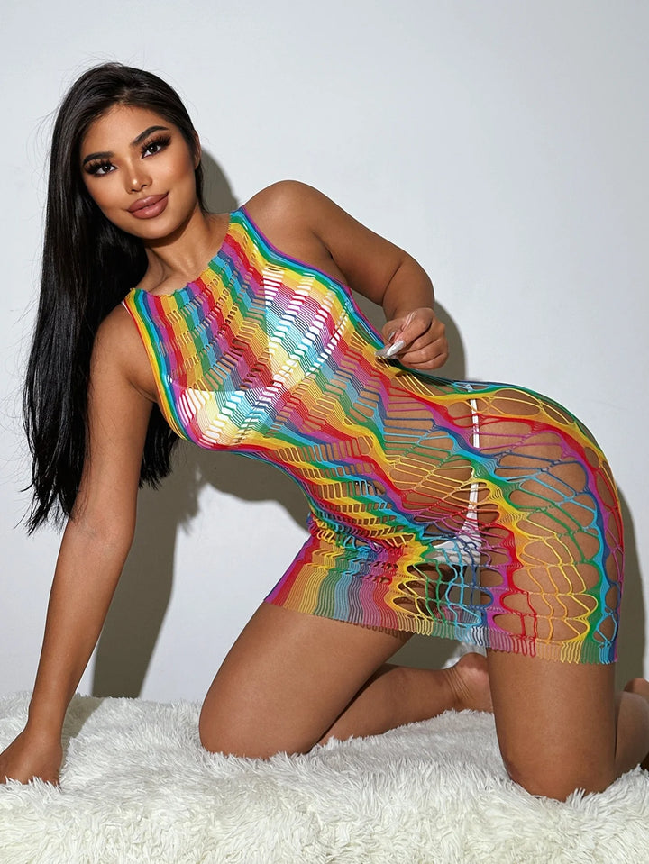 Carnival Rave Rainbow Color Bodydolls Dress Chemise Sexy Glitter Lingerie Stockings Exotic Mesh Sheer Lingerie