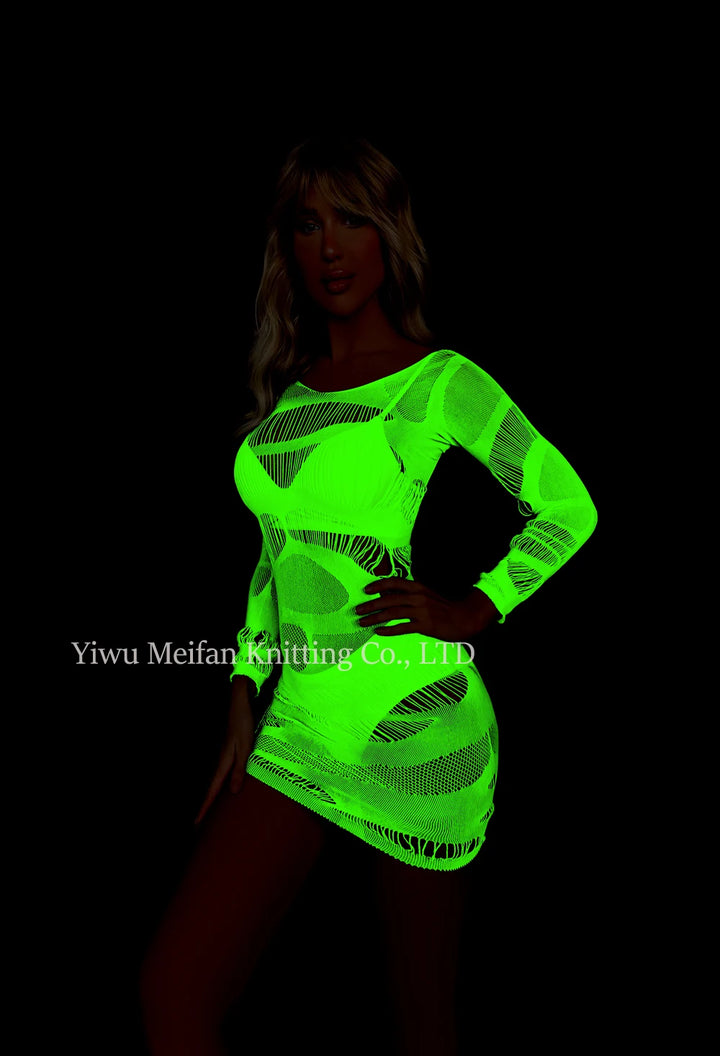 Sexy Nightwear Dress Glow in the Dark Fishnet Stockings Hollow Luminous Glowing High Waist White Fishnet Glowing Party
