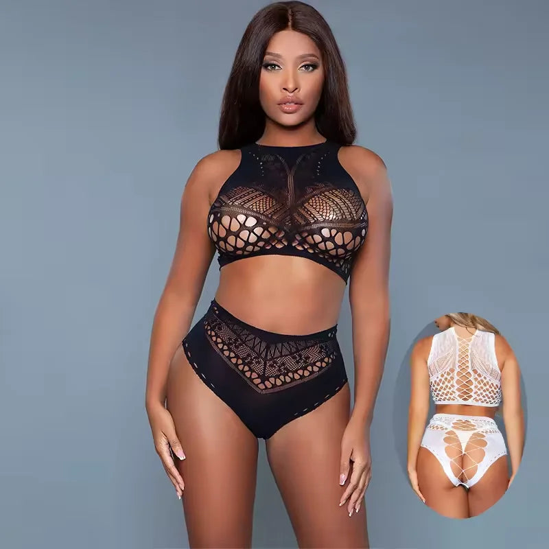 Two Piece Lingerie Underwear Bodysuit Set Women Clothing  Sexy Lingeries Body Stocking Transparent Solid
