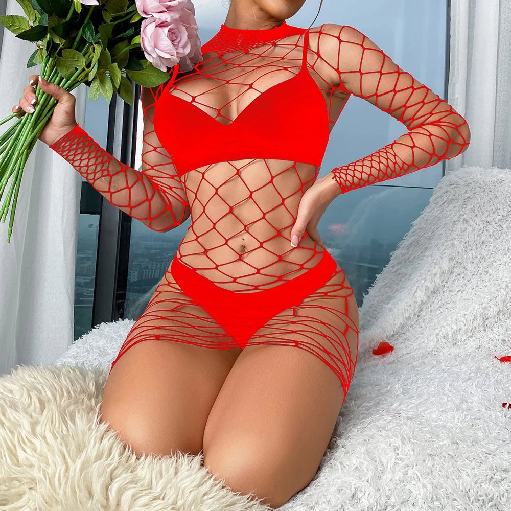 Plus Size Sexy Lingerie Dress Women's Wholesale Fishnet Body Doll Teddy Dress 2024 Femme Lingerie Sexy Mesh Bodysuit