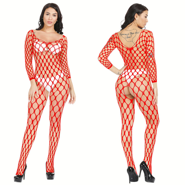 Popular Women's Sexy Long Sleeve Mesh Sheer Bodysuit Fishnets Nylon Stockings Full Body Women's Erotic Black Bodysuit