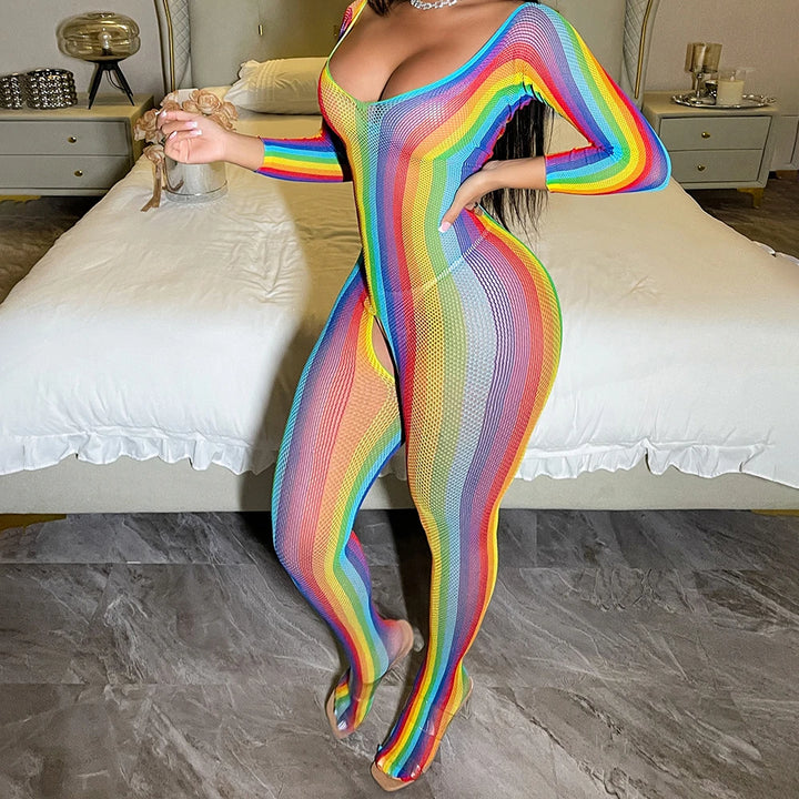Plus Size  Women's Rainbow Fishnet Bikini Swimsuit Party Clubwear Swimwear Rainbow Long Sleeve Teddy Lingeries Bodysuits  W8231