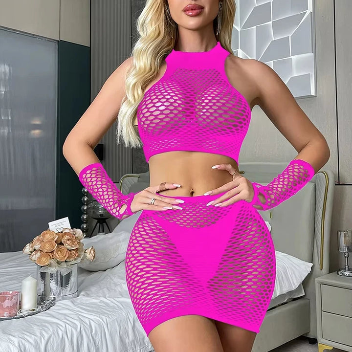 Hot Sexy Babydoll Lingerie Femme Sexy Erotic Dancewear Underwear Nylon Fishnet Jumpsuit Three Piece Set Bodysuit