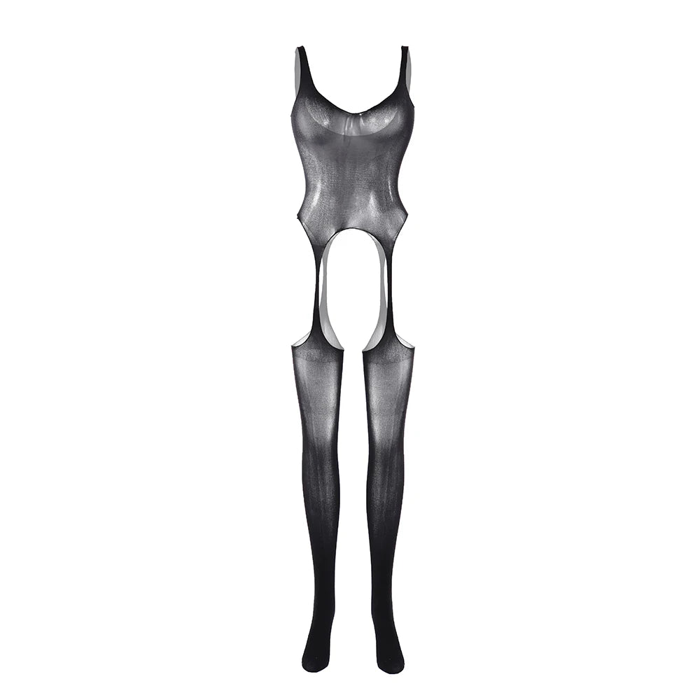 Hot Selling Black Silk Body Stockings Open Crotch See Through Bodystocking Sexy Long Sleeve One Piece Jumpsuit Club Wear
