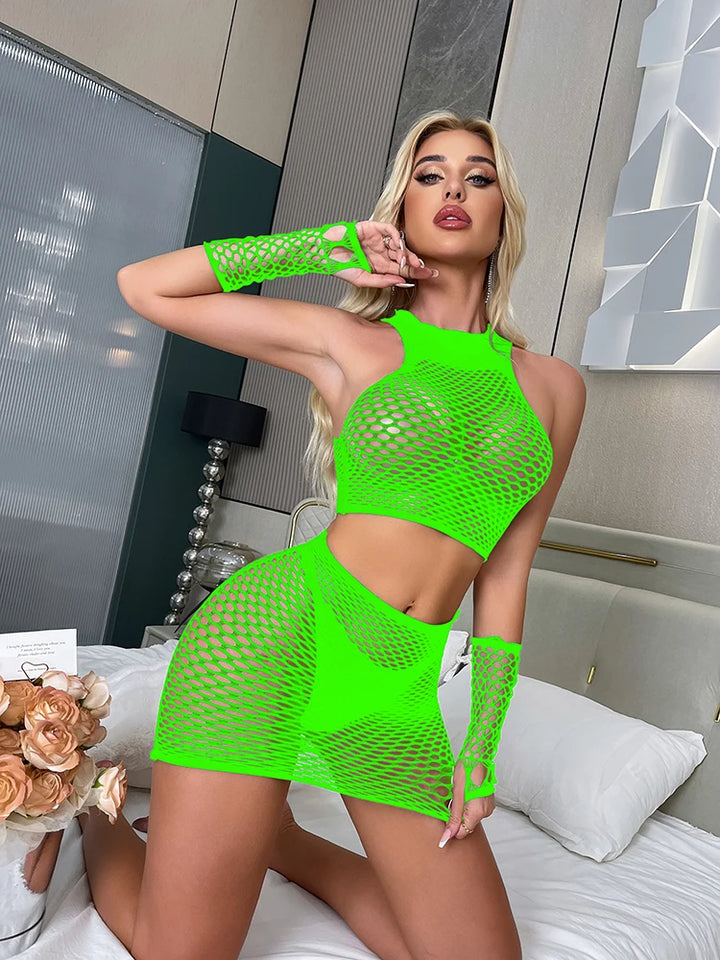 Hot Sexy Babydoll Lingerie Femme Sexy Erotic Dancewear Underwear Nylon Fishnet Jumpsuit Three Piece Set Bodysuit