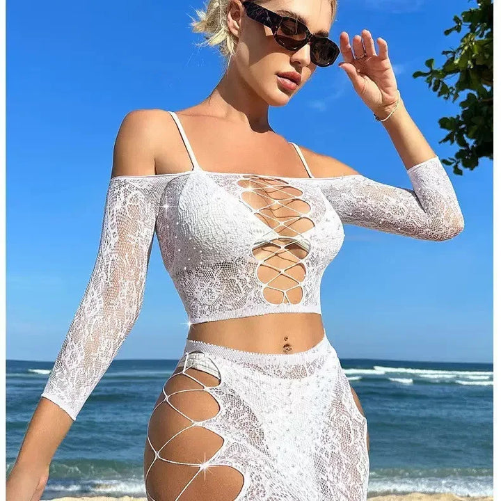 2025 Sexy Lingerie White Teddy/Bodysuit Hollow Out Exotic Dancewear Bodystocking Nightclub Dresses Women Club Skirt Outfit