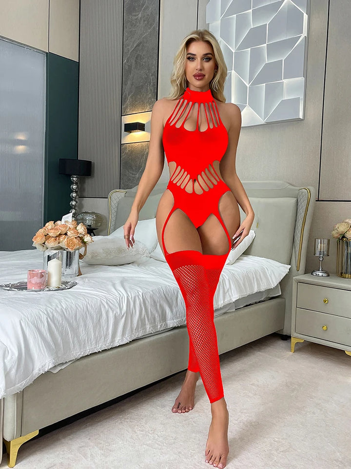 2025 Sexy Straps Crotchless Bodysuit Cutout Sexy Mesh Lingerie Womens Catsuit Open Crotch Pajama Plus Size Bodystocking