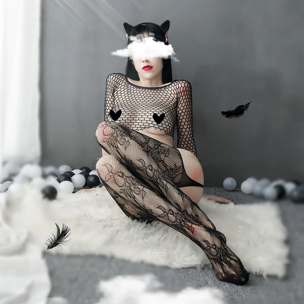 Womens Black Fishnet Lace Tights Stretchy Thigh-High Stockings Suspender Pantyhose