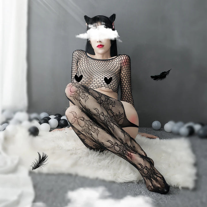 Womens Black Fishnet Lace Tights Stretchy Thigh-High Stockings Suspender Pantyhose