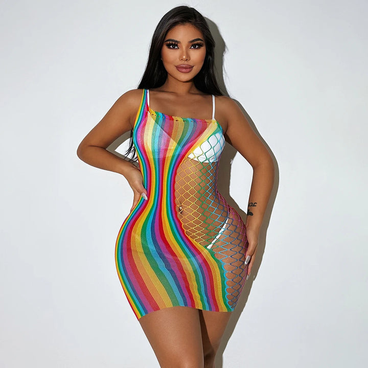 Rave Rainbow Color Carnival Stockings Full Body Stocking Lingerie Femme Sexy Fishnets Jumpsuits Sheer Bodystockings