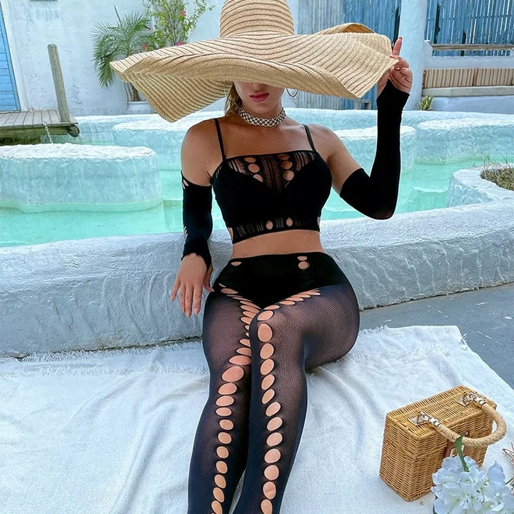 2024  Summer  Hawaiian Vacation  Beachwear Cuffs Halter Ups Thigh-high Pantyhose Set Big Hole Sheer Fishnet Body Stocking