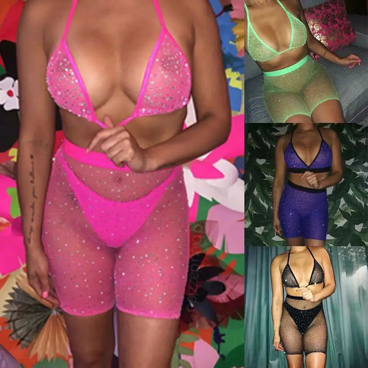 Mesh Body Stocking Halter Rhinestone Sparkle Bra Top Bikini High Waist Shorts Set Nightwear Fishnet Babydoll Chemise
