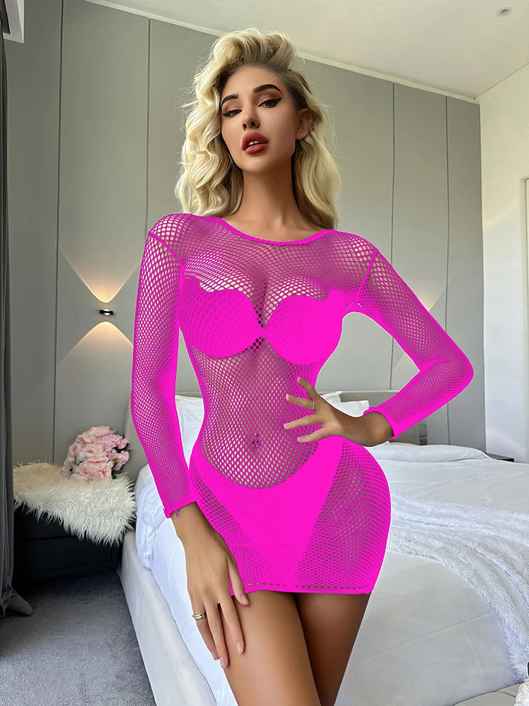Sexy Mini Fishnes Nets Lingerie Dress Womens Sexy Backless Bodysuit With Mesh Sleeve Glove Women Clothing Bodystocking