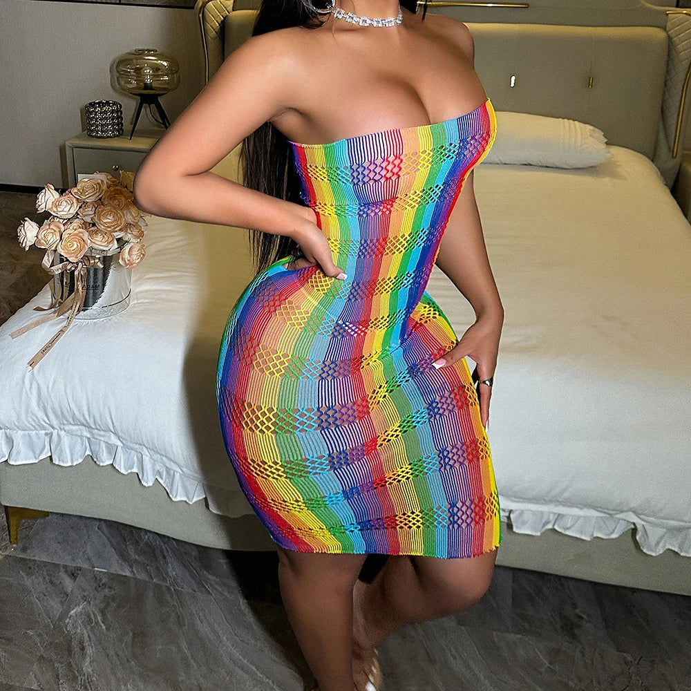 Plus Size  Women's Rainbow Fishnet Bikini Swimsuit Party Clubwear Swimwear Rainbow Long Sleeve Teddy Lingeries Bodysuits  W8231