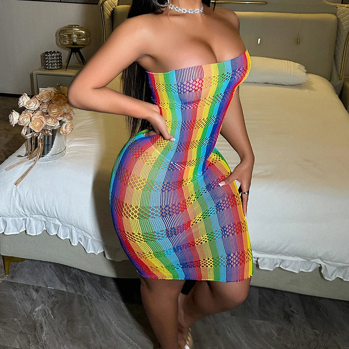 Plus Size  Women's Rainbow Fishnet Bikini Swimsuit Party Clubwear Swimwear Rainbow Long Sleeve Teddy Lingeries Bodysuits  W8231