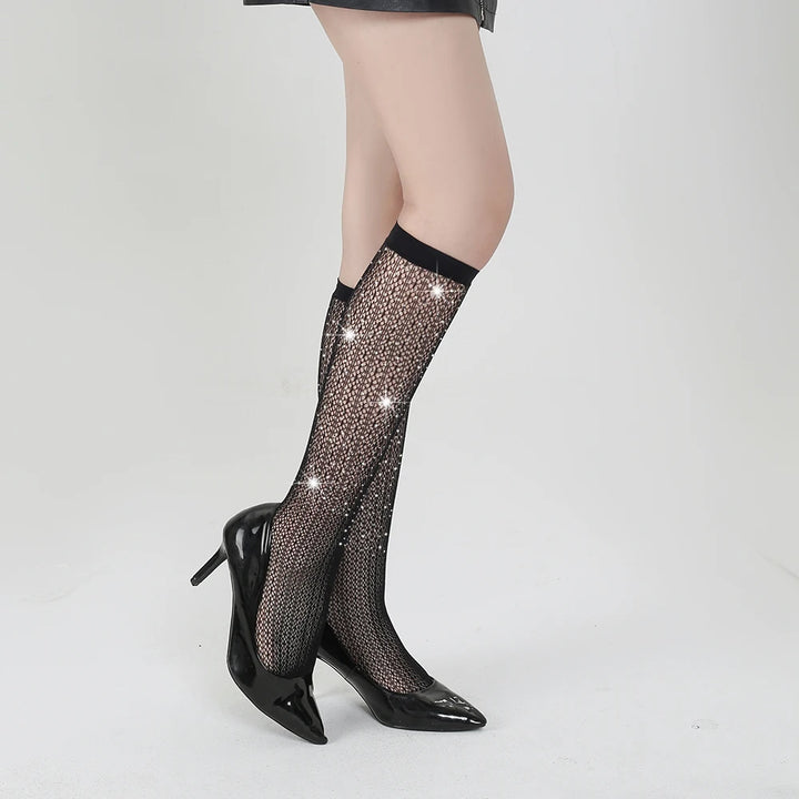 Sexy Rhinestone Nylon Fishnet Long Socks Fashion Decor for Women's Clothing Nylon Hosiery Stockings Lingerie Femme