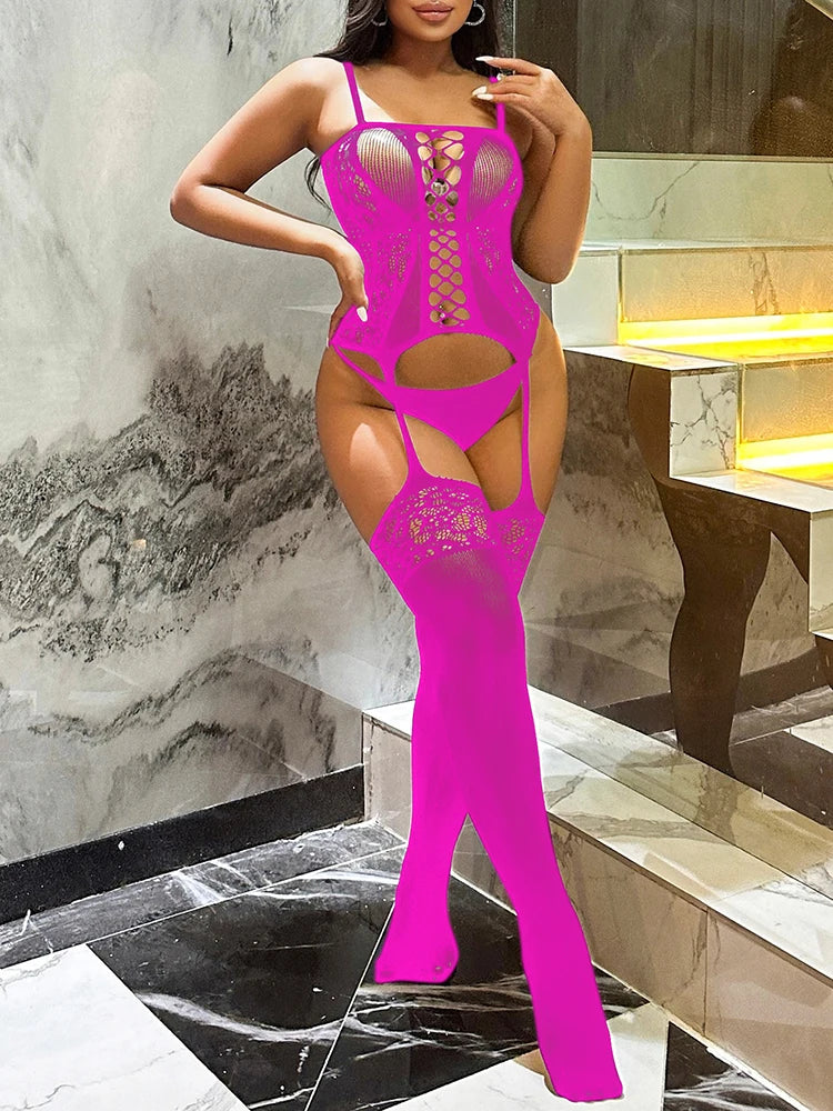 Sexy Fashion Lingerie Semi-Sheer Halter Garter Dress With Thigh High Stockings Nightwear Bodysuit Women's Clothing