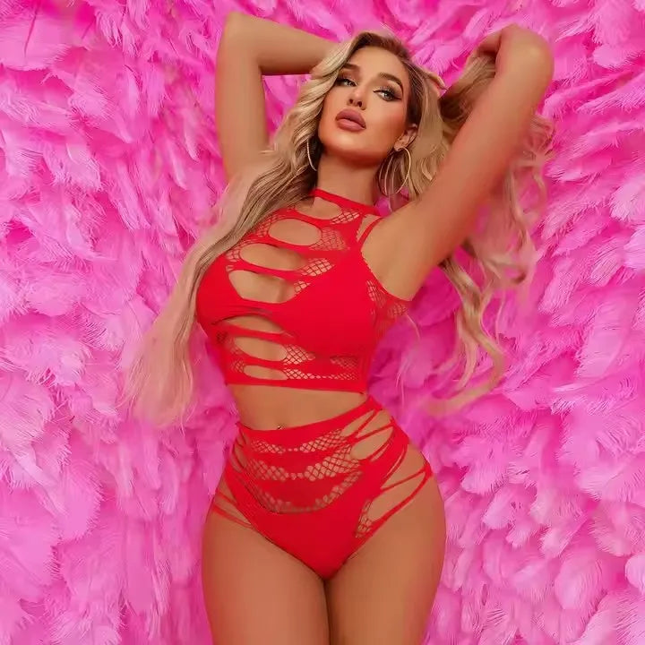 2025 Plus Size Chubby Women's Lingerie Fishnet Bodystocking Sheer Full Body Dress Sparkle Rhinestone Mesh Hollow Out Fishnets