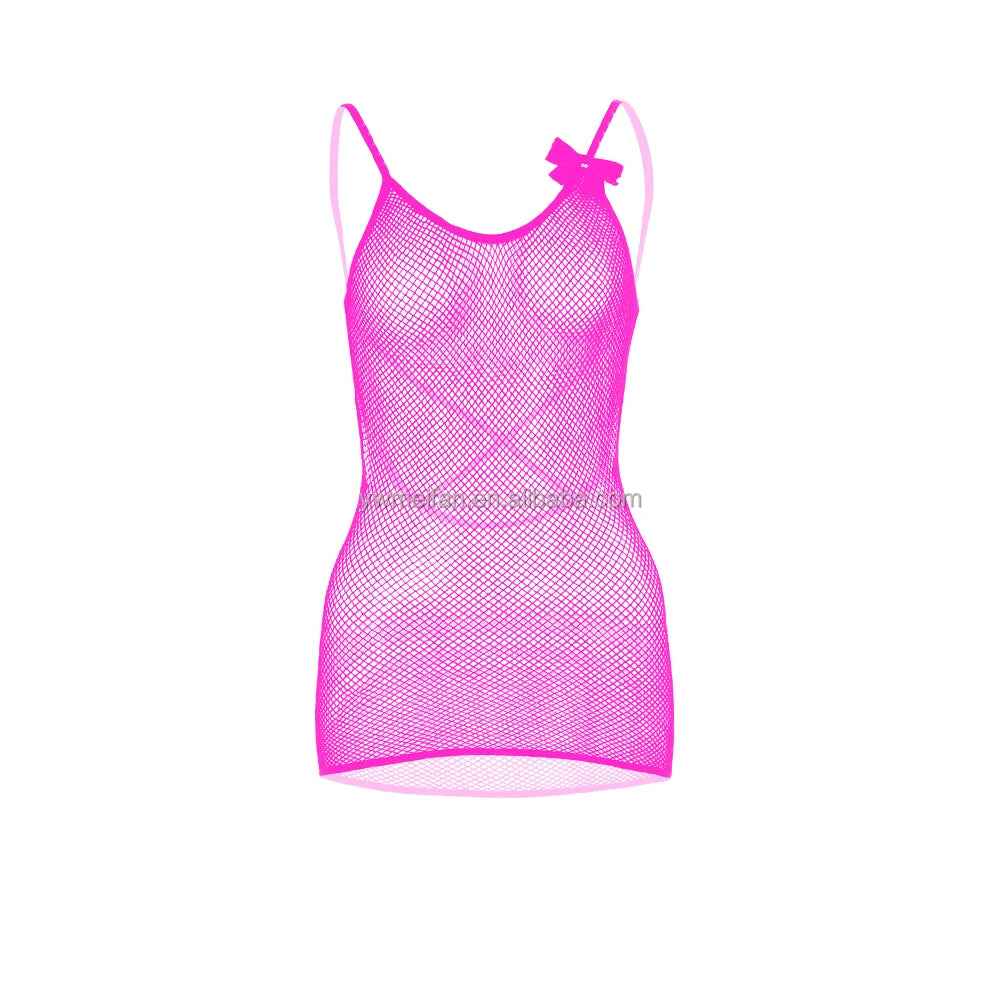 Hot Sales Women Sexy Fishnets Designer New Solid Color Mesh Lingerie With Bow Strap Cutout Bodystocking Dresses