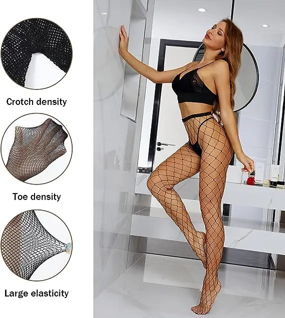 Women's Sexy Black Mesh Pantyhose Middle Mesh Fishnet Punk Dress Sexy Lingerie Nylon Hollow Out Pantyhose