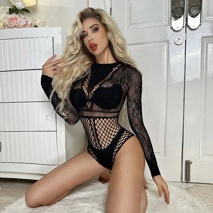 Hallow Out Bodystocking Fishnet Bodycon Midi Dress Chemise See Through Lingerie Set Exotic Dancewear Body Mesh Lingerie